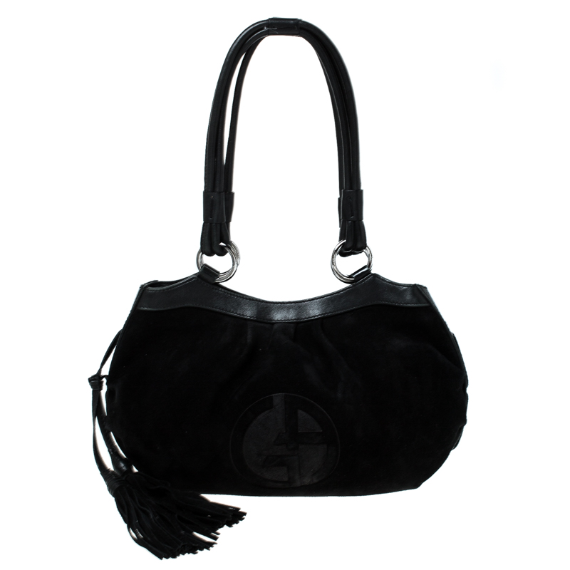 Giorgio Armani Black Suede And Leather Tassel Shoulder Bag